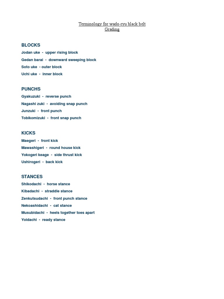 Terminology For Wado Ryu Black Belt | PDF
