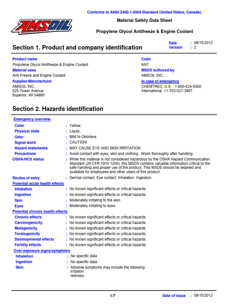 Glycol MSDS PDF Chemistry Occupational Safety And Health