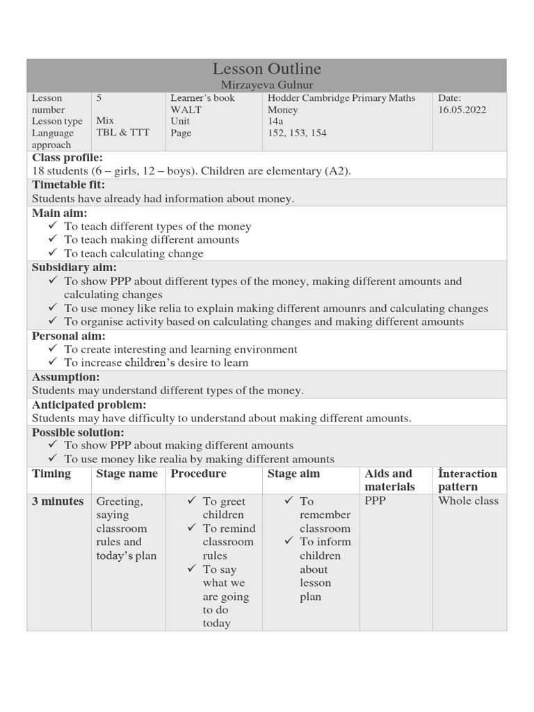 Primary Maths Money Lesson Plan PDF Cognitive Psychology Teaching