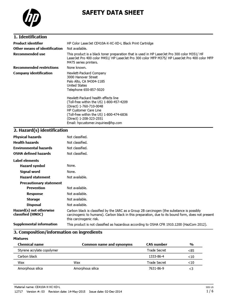 MSDS Toner CE 410 A PDF Toxicity Dangerous Goods