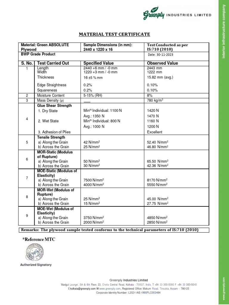 Green Absolute Plywood Test Certificate | PDF | Young's Modulus | Plywood