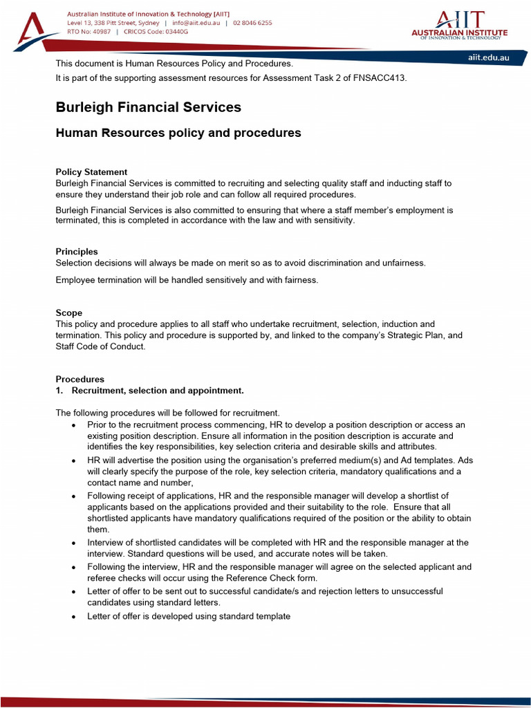 FNSACC413 AT2 Updated Human Resources Policy and Procedures | PDF ...