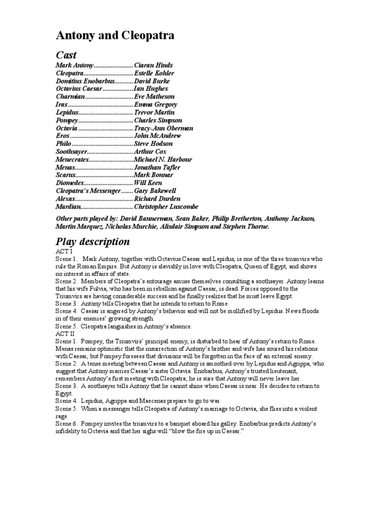 Antony and Cleopatra: Scene Summaries | PDF | Mark Antony | Cleopatra