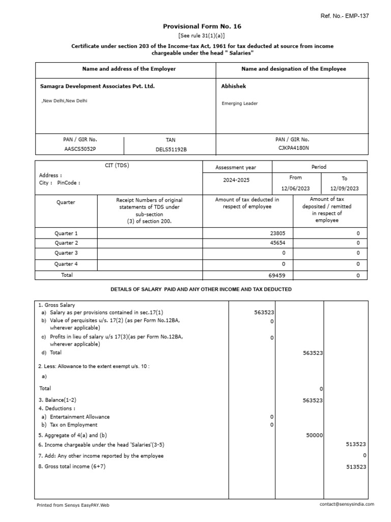 Provisional Form 16 for 2024-2025 | PDF | Taxes | Tax Deduction