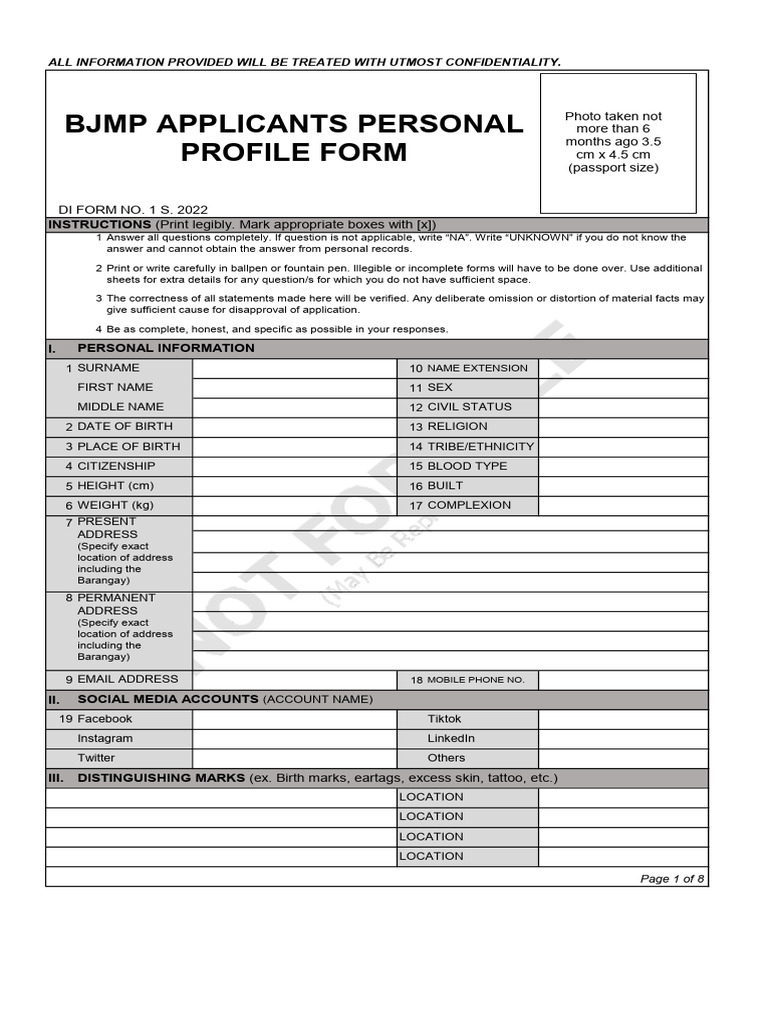 BJMP Applicants Personal Profile Form Download Free PDF Computer