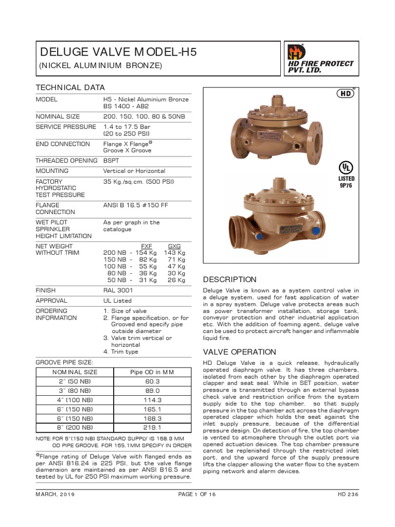 Deluge Valve Model H5 Specifications | PDF | Valve | Fire Sprinkler System