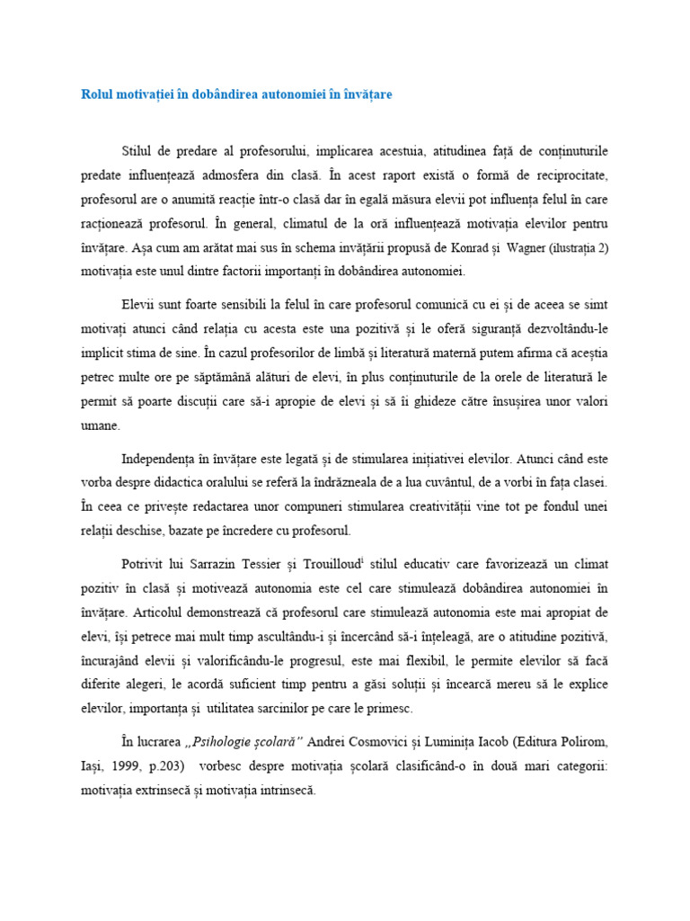 Motivatia - Autonomie in Invatare - Articol | PDF