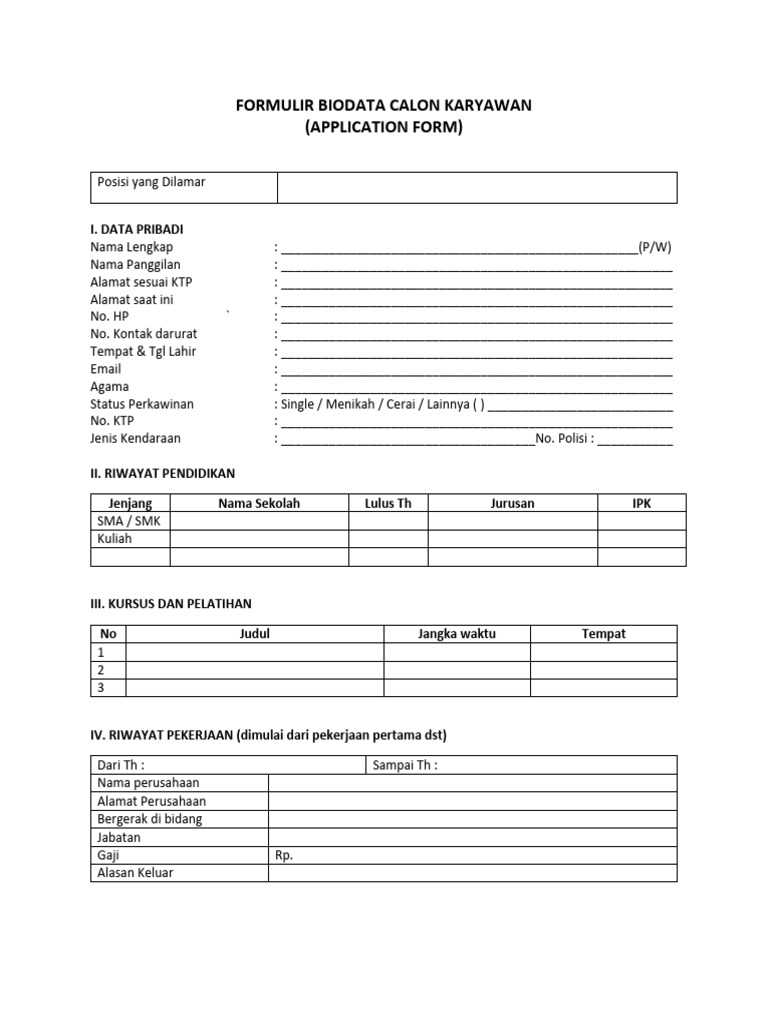 Formulir Biodata Calon Karyawan Pdf