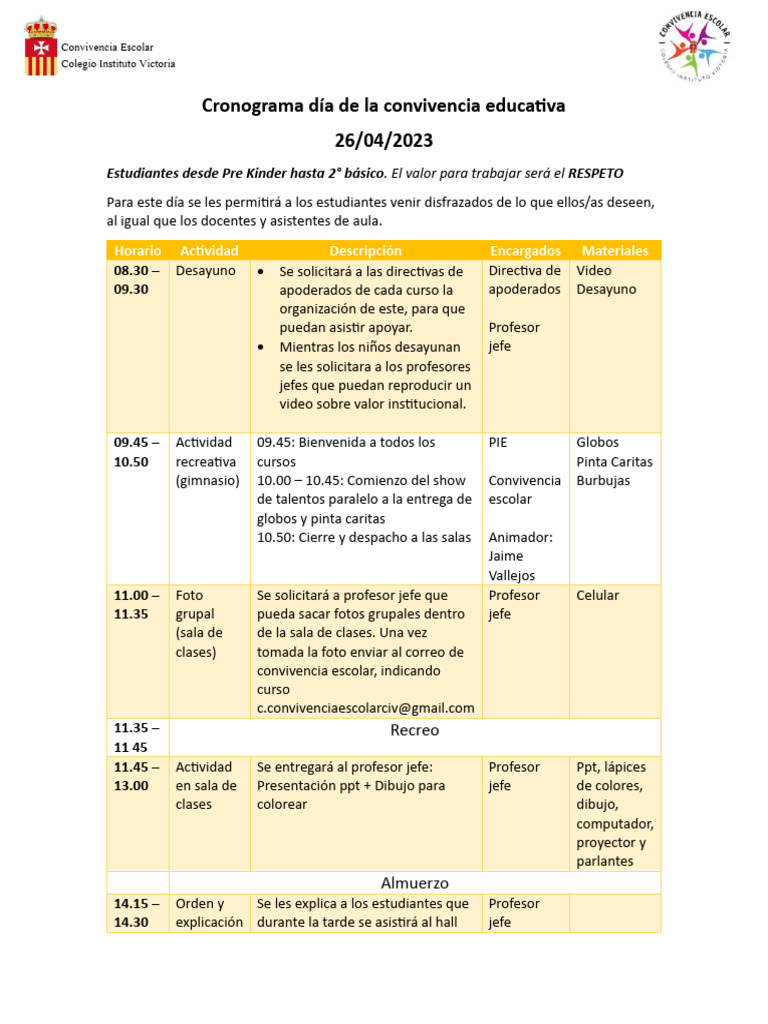 Cronograma Día de La Convivencia Escolar | PDF | Maestros | Enseñando