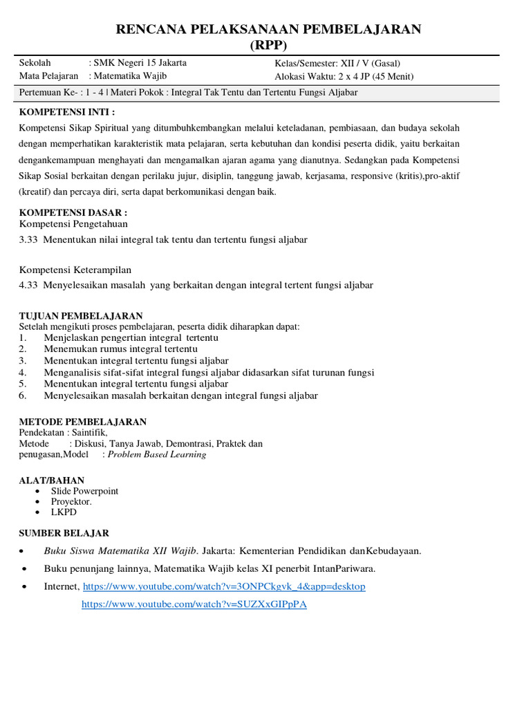 RPP Matematika: Integral Tertentu | PDF