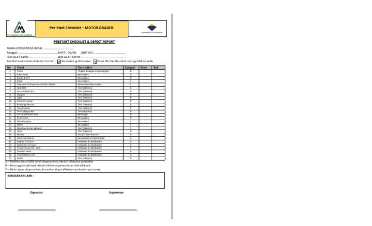 Checklist Prabakti Motor Grader | PDF