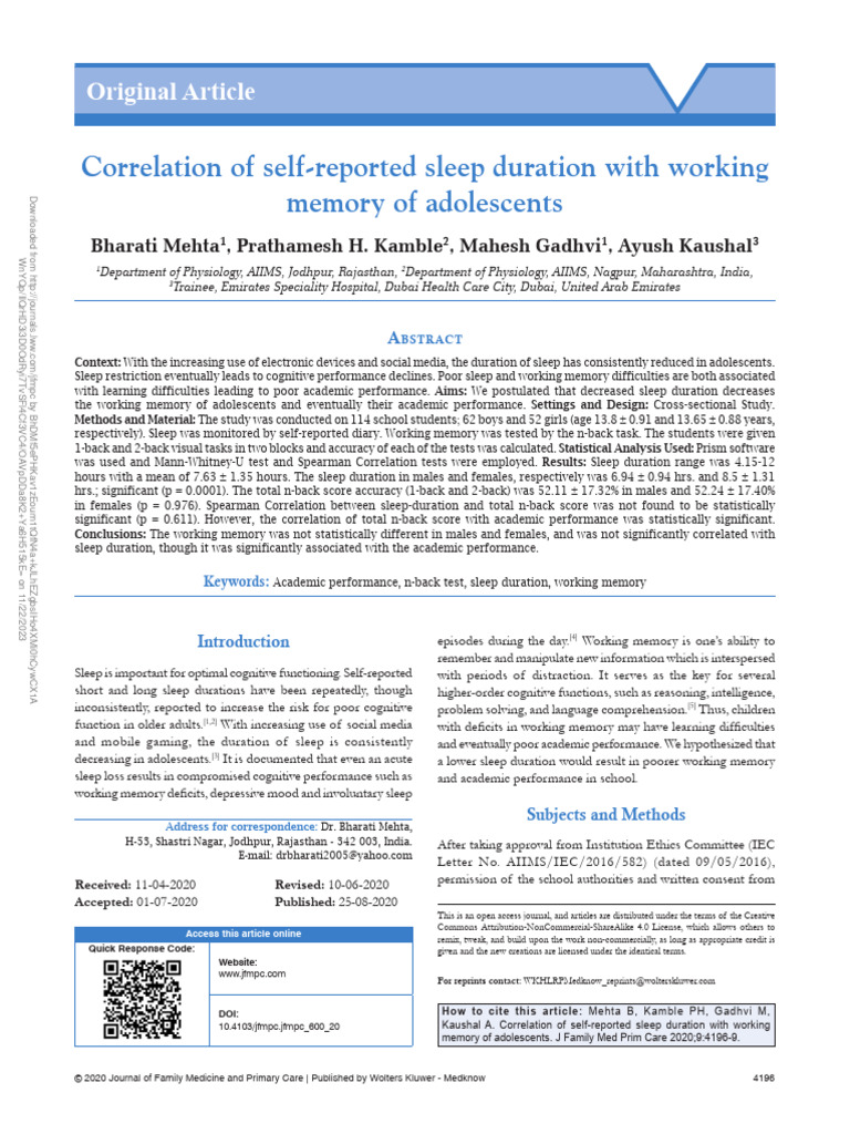 Sleep Duration and Adolescent Memory | PDF | Working Memory | Sleep