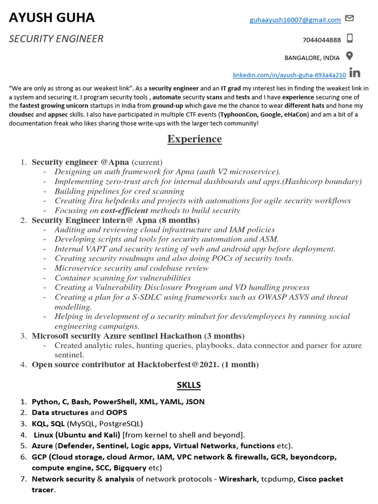 Ayush Guha: Security Engineer Profile | PDF | Computer Network ...