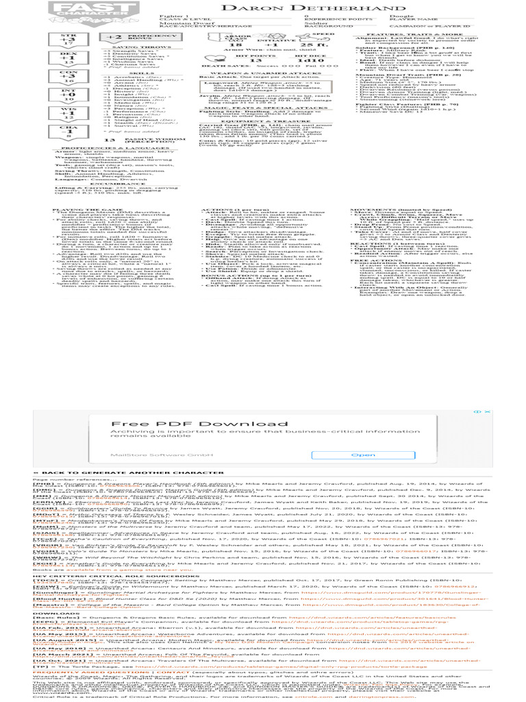 Fast Character D D Character Maker Mountain Dwarf Fighter 1 Pdf