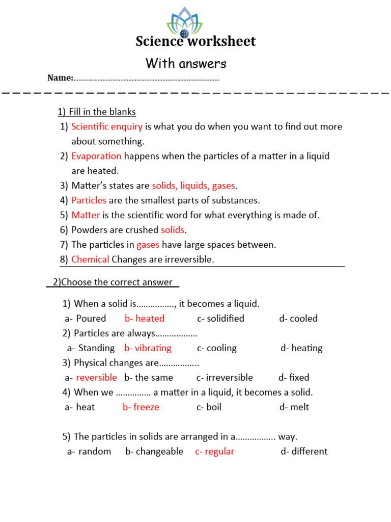 Mid Term 2 Worksheet With Answers Grade 4 Pdf Liquids Matter