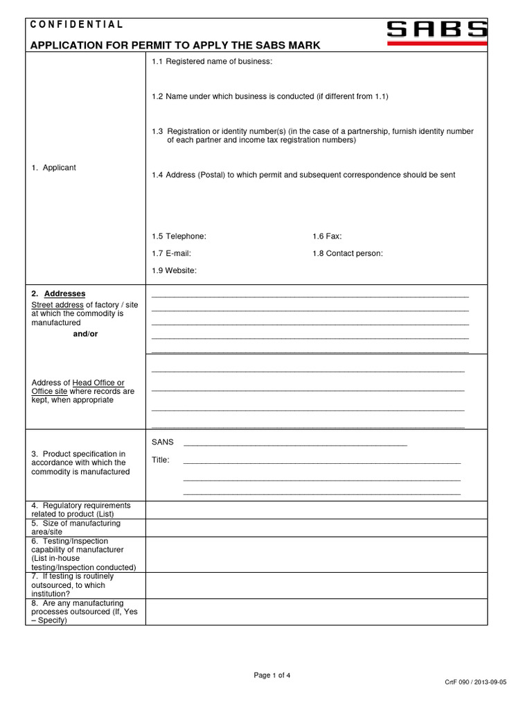 SABS Mark Application Permit Form | PDF | Trademark | Outsourcing