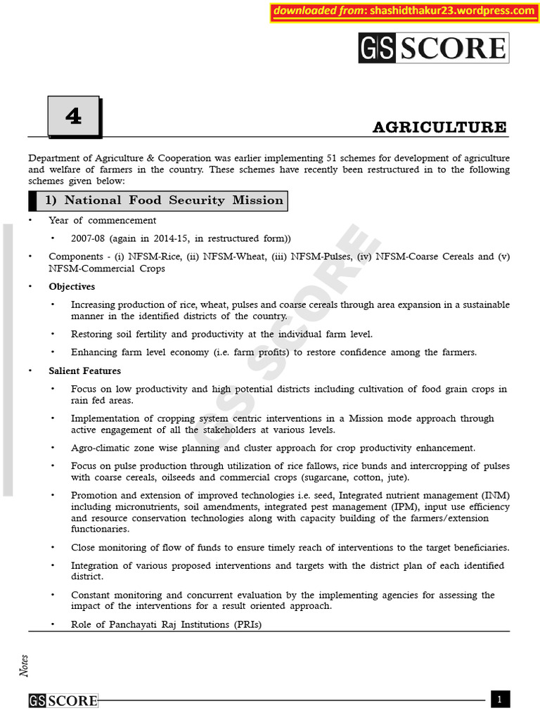Agriculture: 1) National Food Security Mission | PDF | Agriculture ...