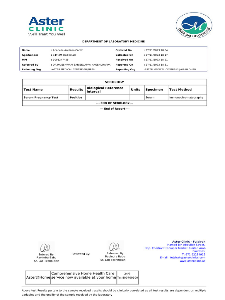 Positive Serum Pregnancy Test Report | PDF | Health Sciences | Health Care