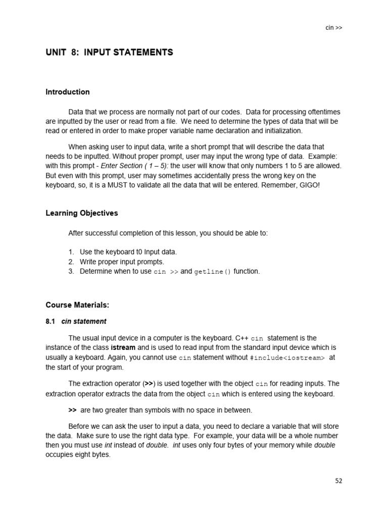 CP1 - Unit 8 - Input Statements | PDF | Input/Output | Integer ...