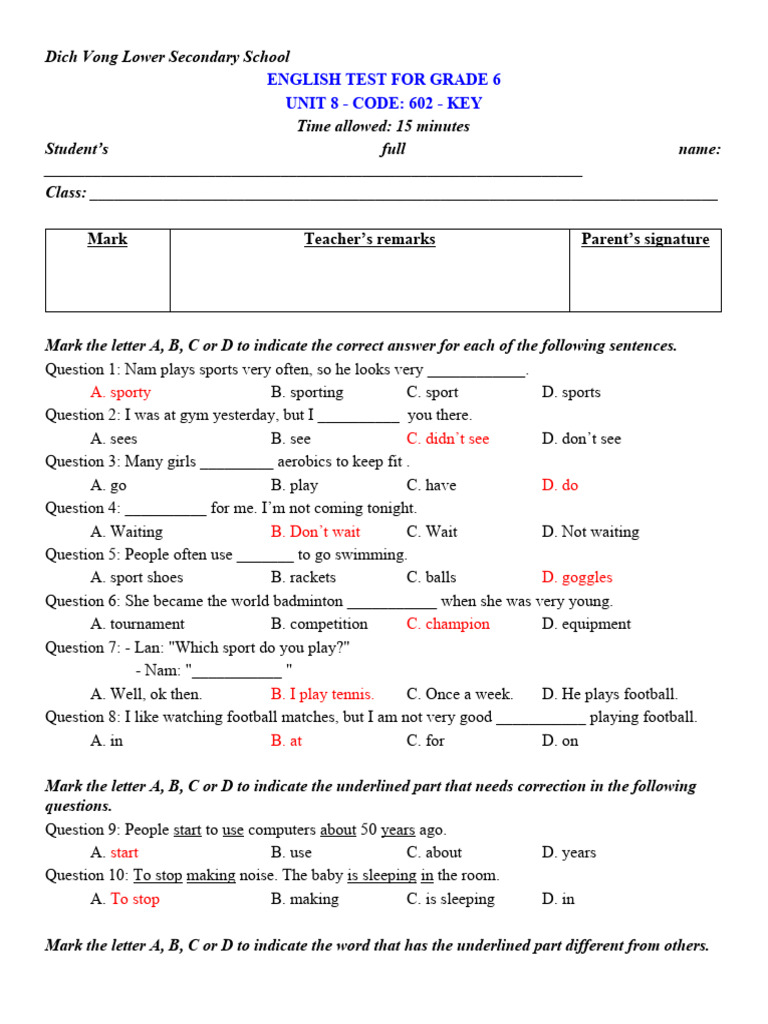G6 Unit 8 602 Key | PDF | Sports & Recreation | Language Arts & Discipline