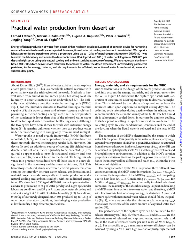 Practical Water Production From Desert Air | PDF | Humidity | Adsorption