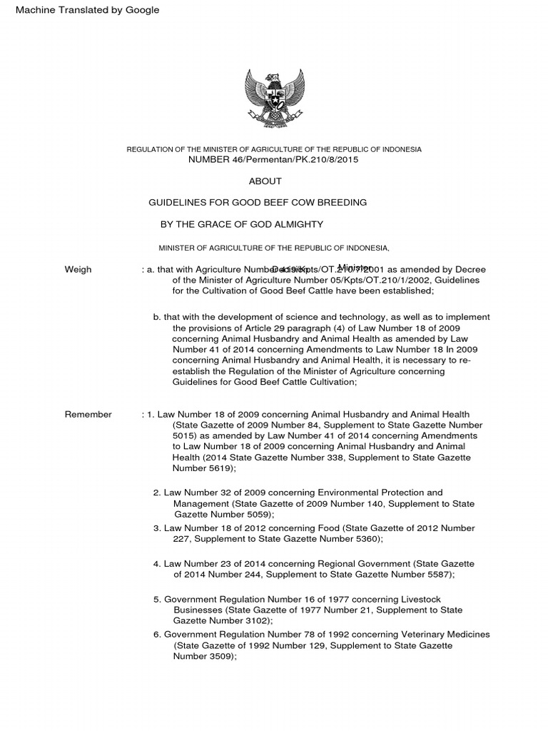 Minister of agriculture regulation number 46 concerning guidelines for