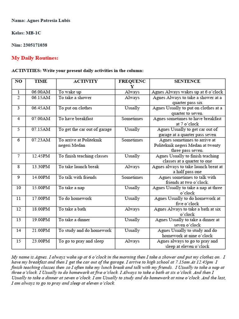 Agnes' Daily Routine and Exercises | PDF | Dinner