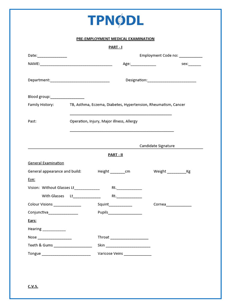 Pre-Employment Medical Examination Form | PDF | Physical Examination ...