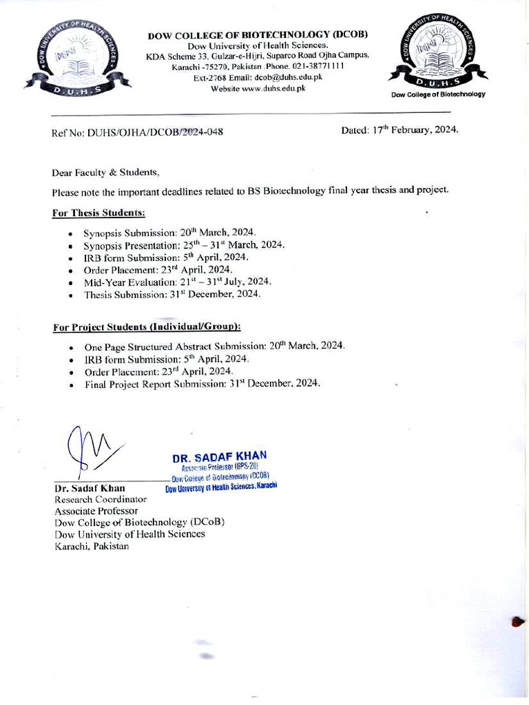 Letter For Important Deadlines For BSBT Thesis and Project | PDF