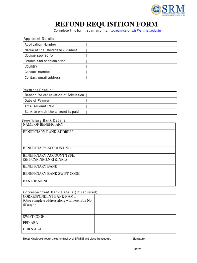 SRMIST Refund Requisition Form | PDF | Finance & Money Management
