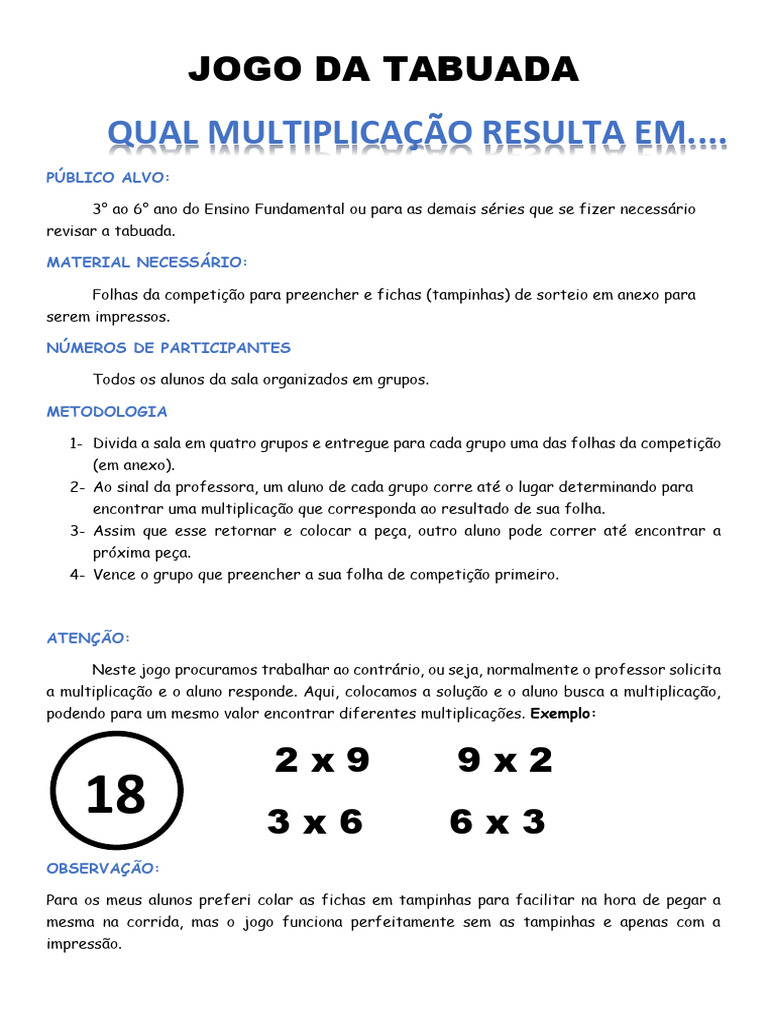Competição Matemática - Tabuada | PDF | Matemática
