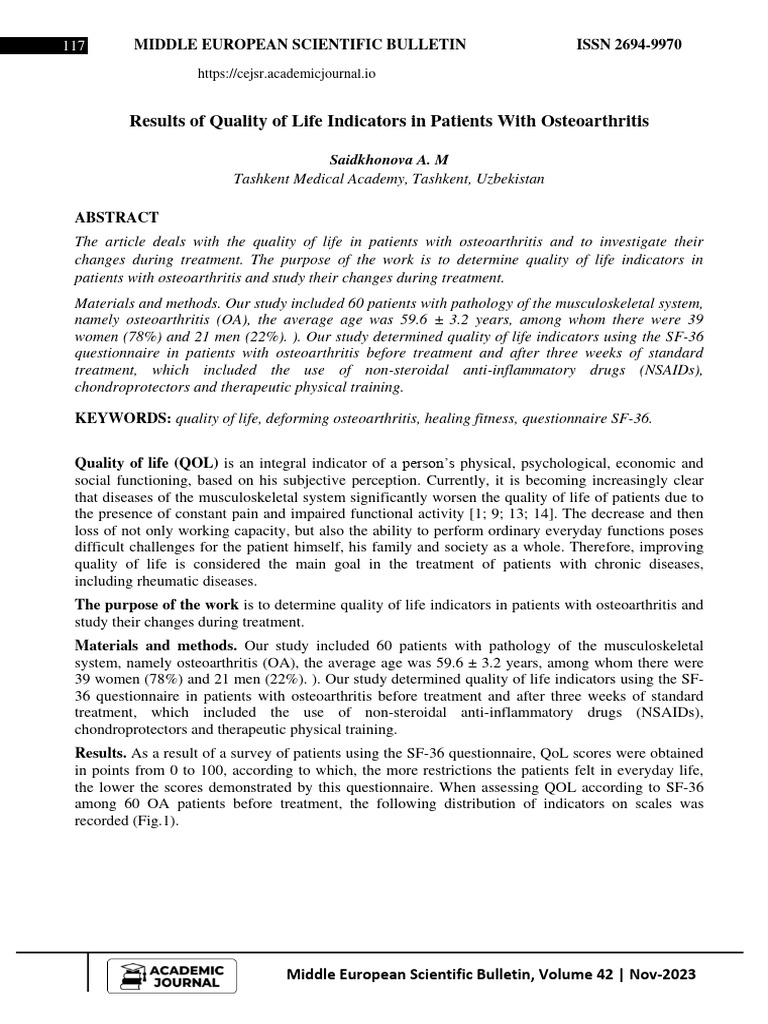 Results of Quality of Life Indicators in Patients With Osteoarthritis ...