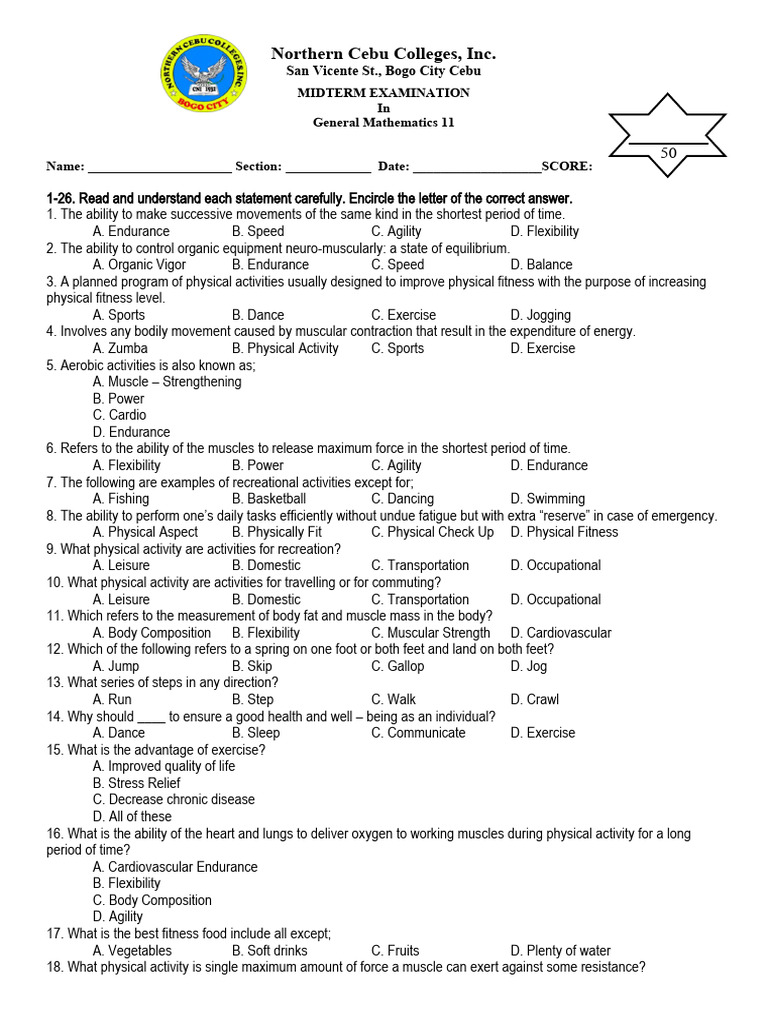 Physical Education and Health Midterm | PDF | Physical Fitness ...