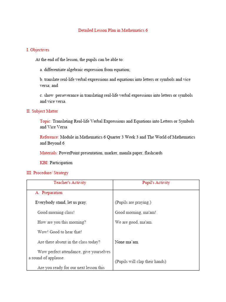 Lesson Plan: Algebraic Expressions 6 | PDF | Equations | Numbers