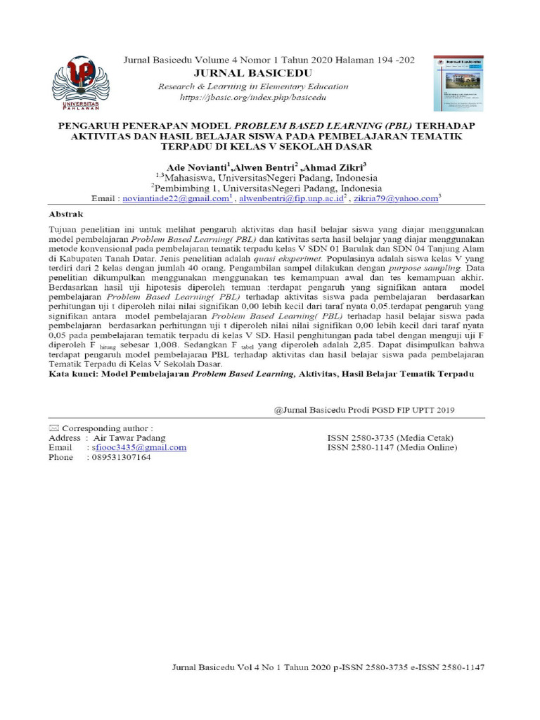 View Of Pengaruh Penerapan Model Problem Based Learning Pbl Terhadap