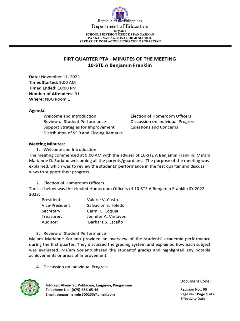 1st To 3rd Quarterly PTA Meeting SY 2022-2023 | PDF | Learning | Cognition