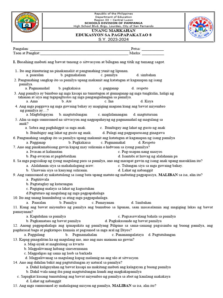 Esp8 First Periodical Test 2023 2024 | PDF