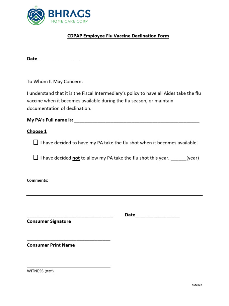 CDPAP Flu Vaccine Declination Form | PDF