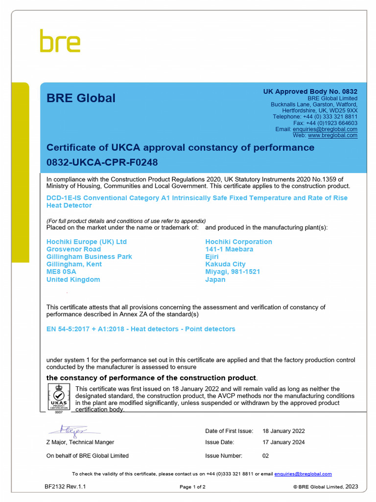 UKCA Certificate for A1 Heat Detector | PDF