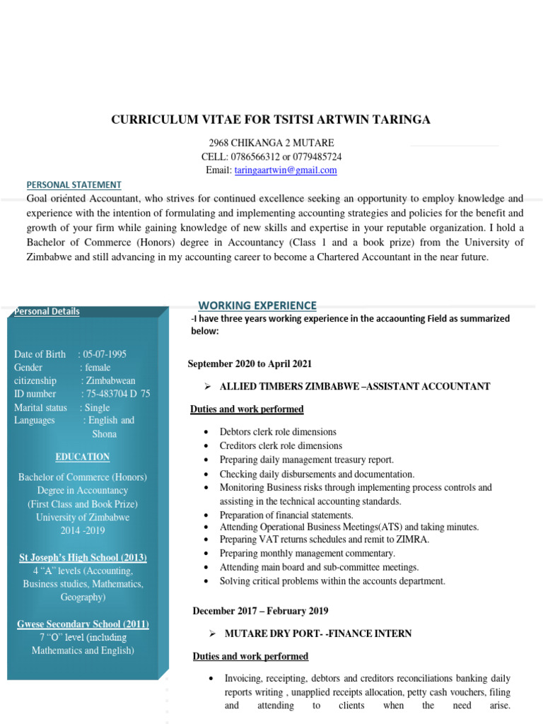 Curriculum Vitae - Taringa Tsitsi | PDF | Accounting | Zimbabwe
