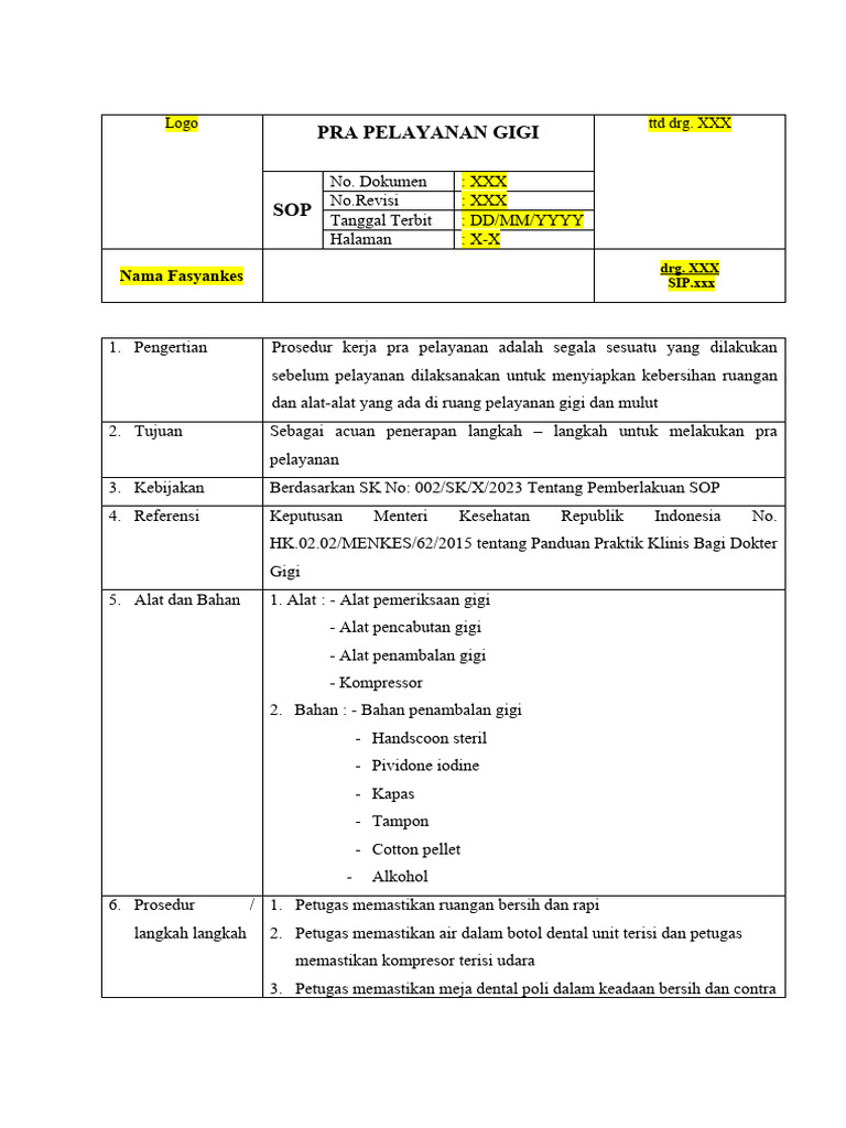 SOP Pra Pelayanan Gigi yang Efektif | PDF