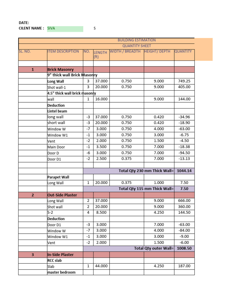 Building Estimation Quantity Sheet | PDF | Home & Garden | Technology ...