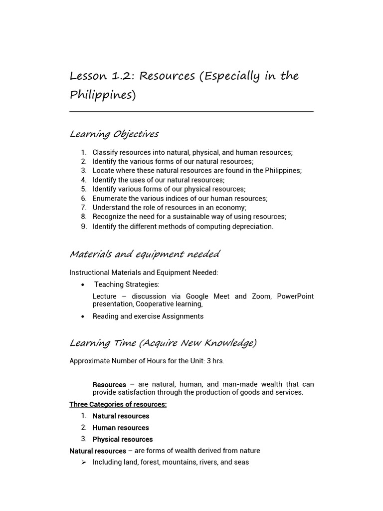Lesson 1 2 resources especially in the philippines 2021 pdf
