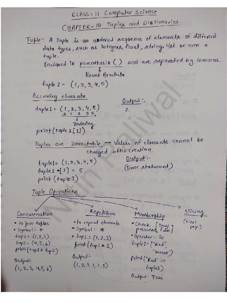 Tuples and Dictionary Notes (Class 11) | PDF