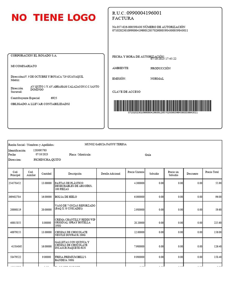 Octubre 2023 Factura Heladería | PDF | Pagos
