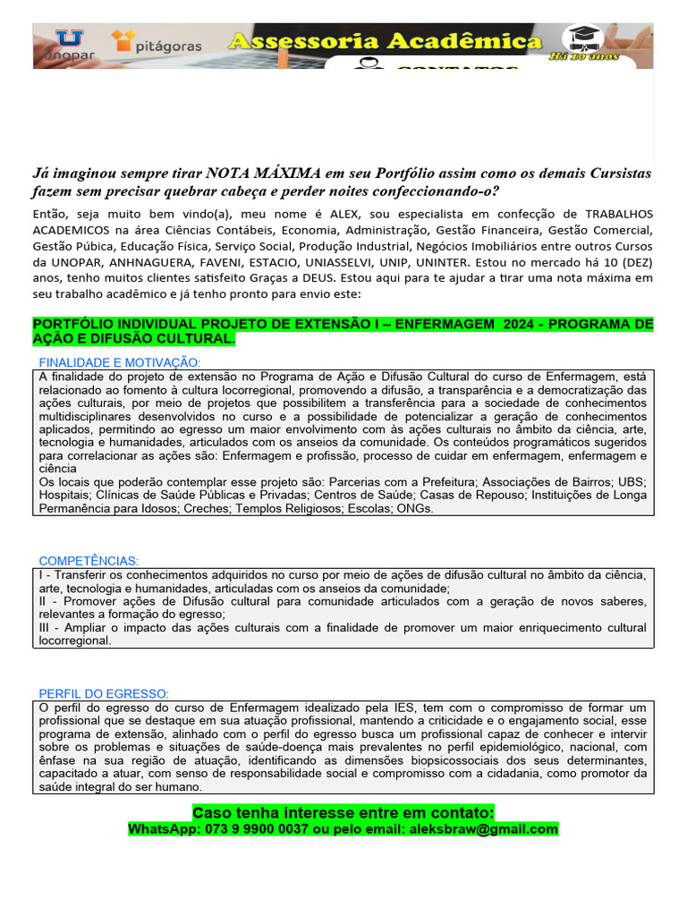 Portfólio Individual Projeto de Extensão I – Enfermagem 2024 - Programa ...