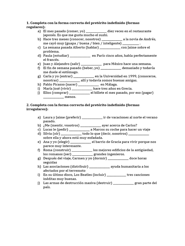 Ejercicios de pretérito indefinido en español | PDF | Artes del ...