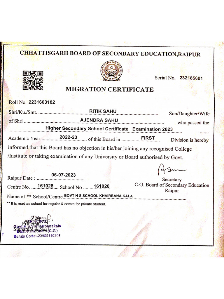 Migration Certificate (Ritik) | PDF