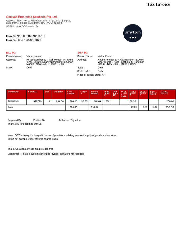 Tax Invoice for Octavos Enterprise Solutions | PDF