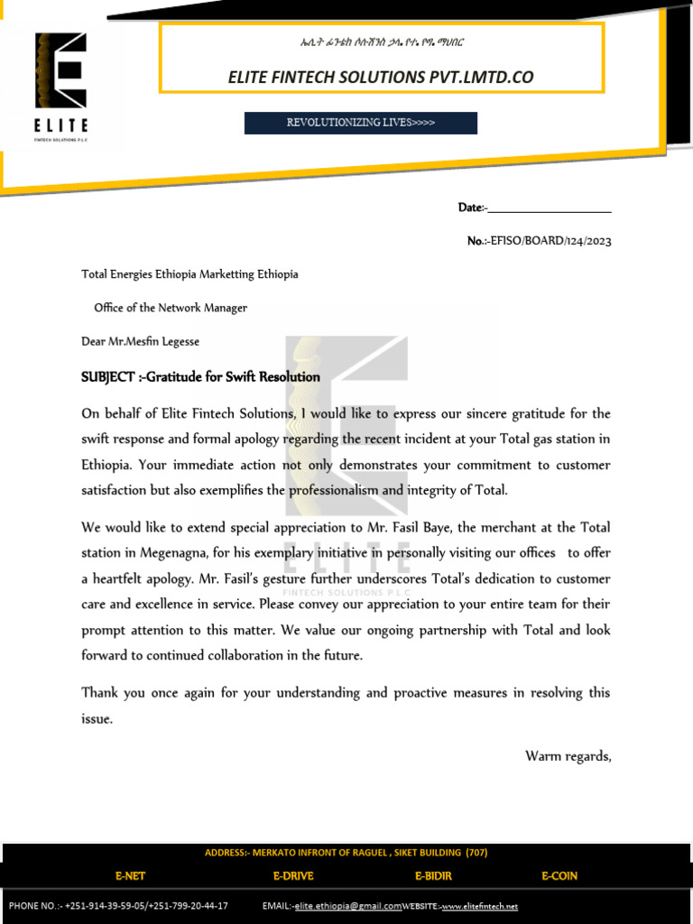 Gratitude Letter To Total Energies Ethiopia PDF